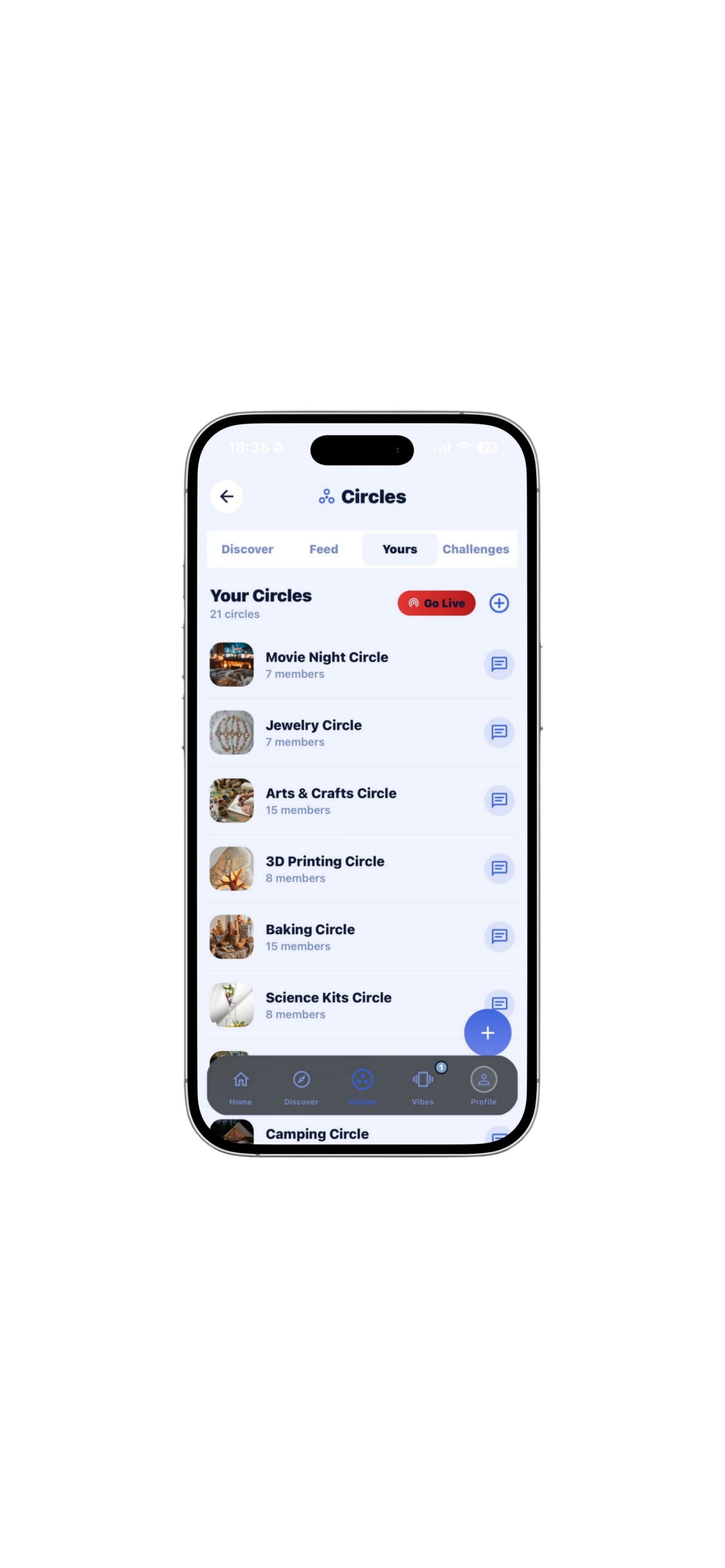 Tago Circles screen with Discover, Feed, Yours and Challenges tabs