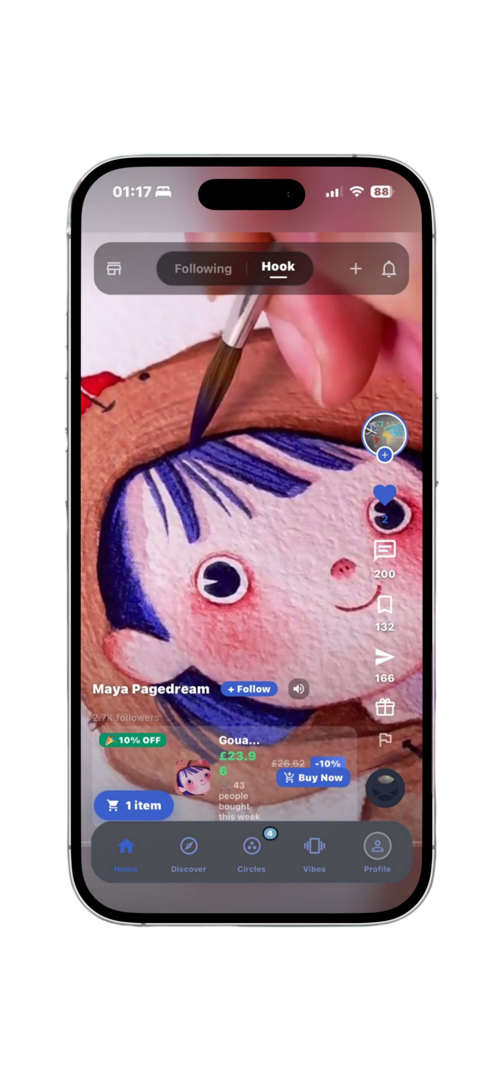 Tago Hook feed with creator Maya Pagedream and a shoppable product tag